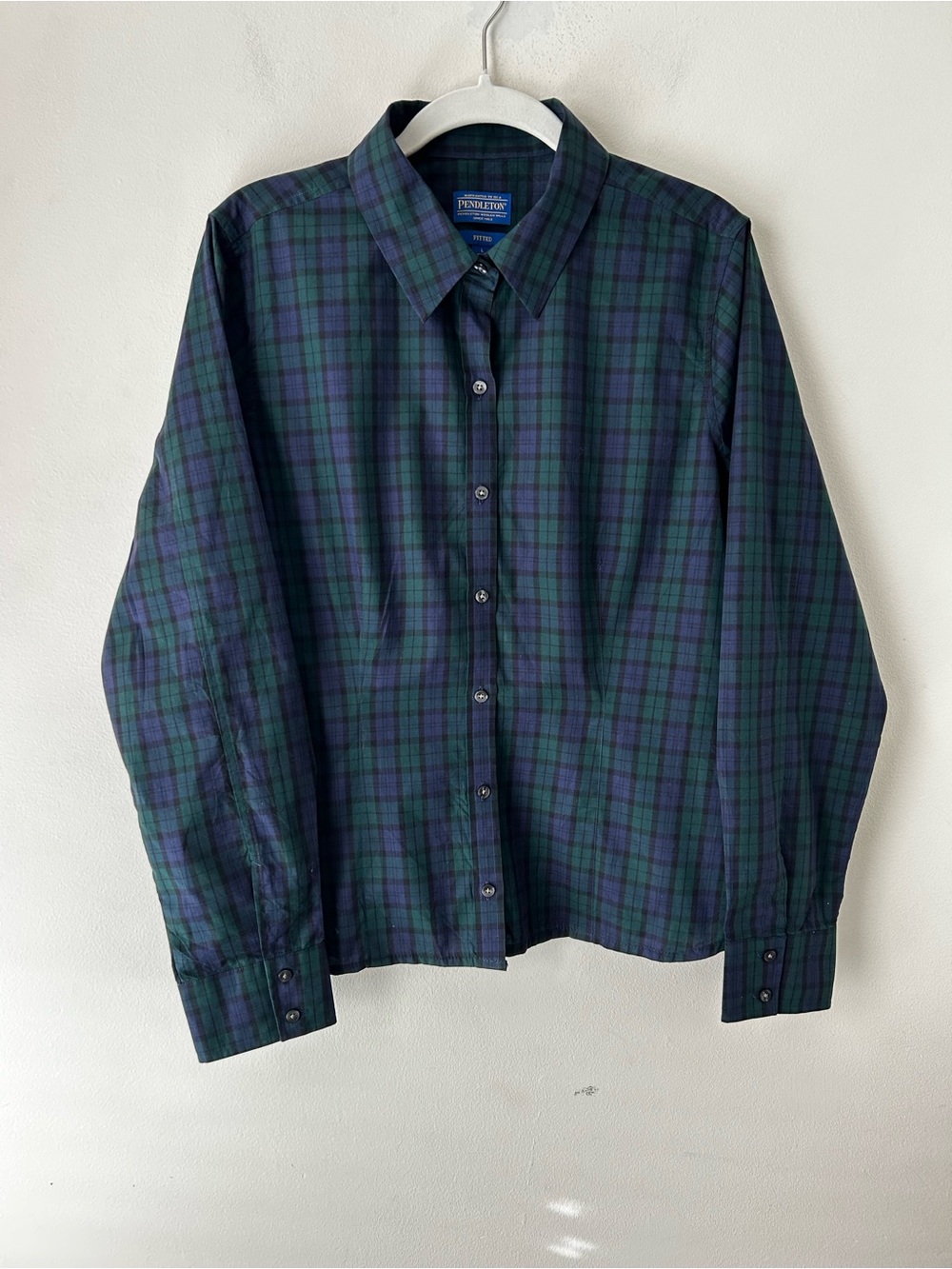 Vintage Preppy Minimalist Pendleton Fitted Button Up Shirt Plaid Green Navy Blue